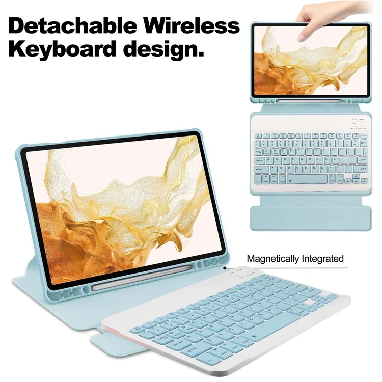 Tablet Case with Wireless Keyboard for Samsung Galaxy Tab S9+ , 360-Degree Rotating Stand PU Leather+Acrylic Cover - Sky Blue