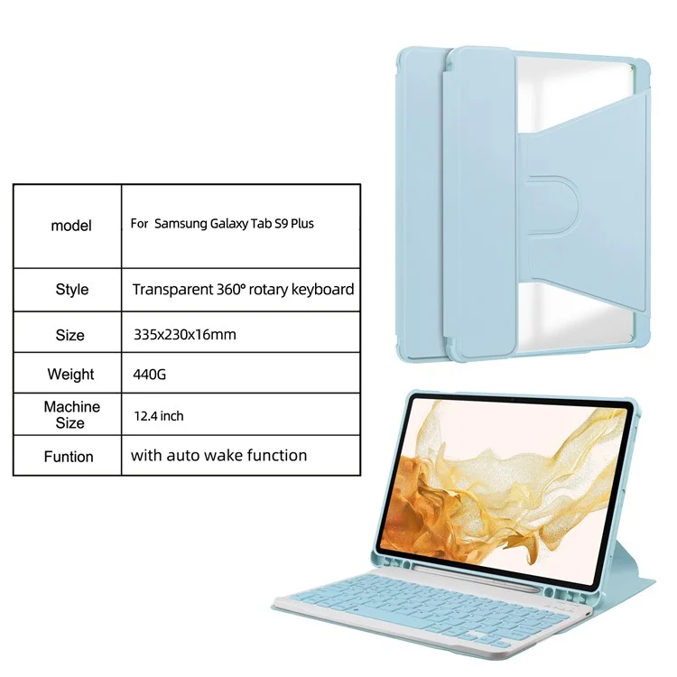 Tablet Case with Wireless Keyboard for Samsung Galaxy Tab S9+ , 360-Degree Rotating Stand PU Leather+Acrylic Cover - Sky Blue
