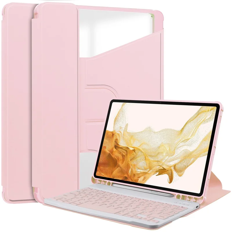 Tablet Case with Wireless Keyboard for Samsung Galaxy Tab S9+ , 360-Degree Rotating Stand PU Leather+Acrylic Cover - Pink