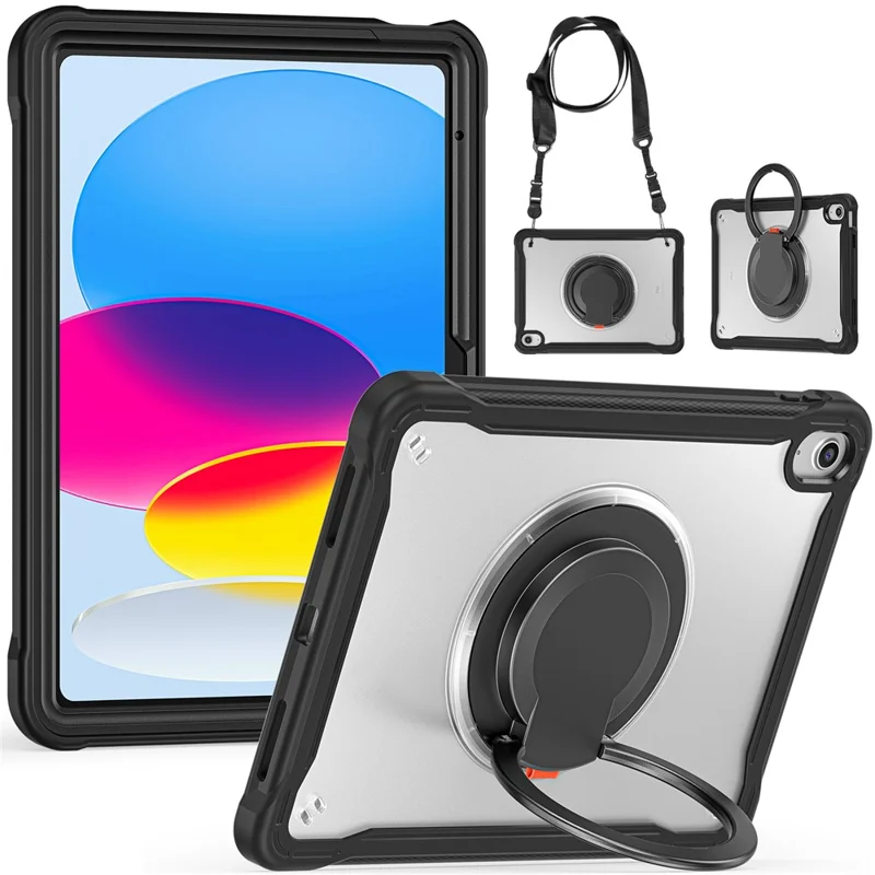Shockproof Kickstand Case for iPad (2025) / 10.9 (2022) PC+TPU Hand Strap Tablet Cover with Shoulder Strap - Black