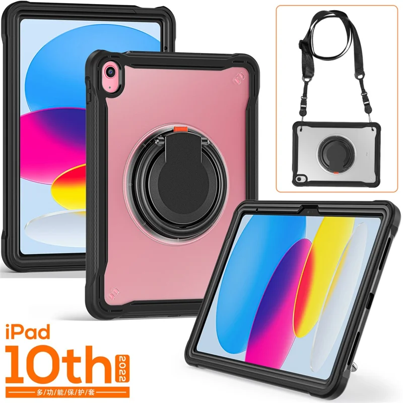 Shockproof Kickstand Case for iPad (2025) / 10.9 (2022) PC+TPU Hand Strap Tablet Cover with Shoulder Strap - Black