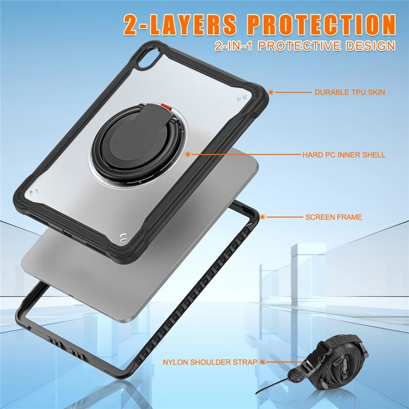 Shockproof Kickstand Case for iPad (2025) / 10.9 (2022) PC+TPU Hand Strap Tablet Cover with Shoulder Strap - Black