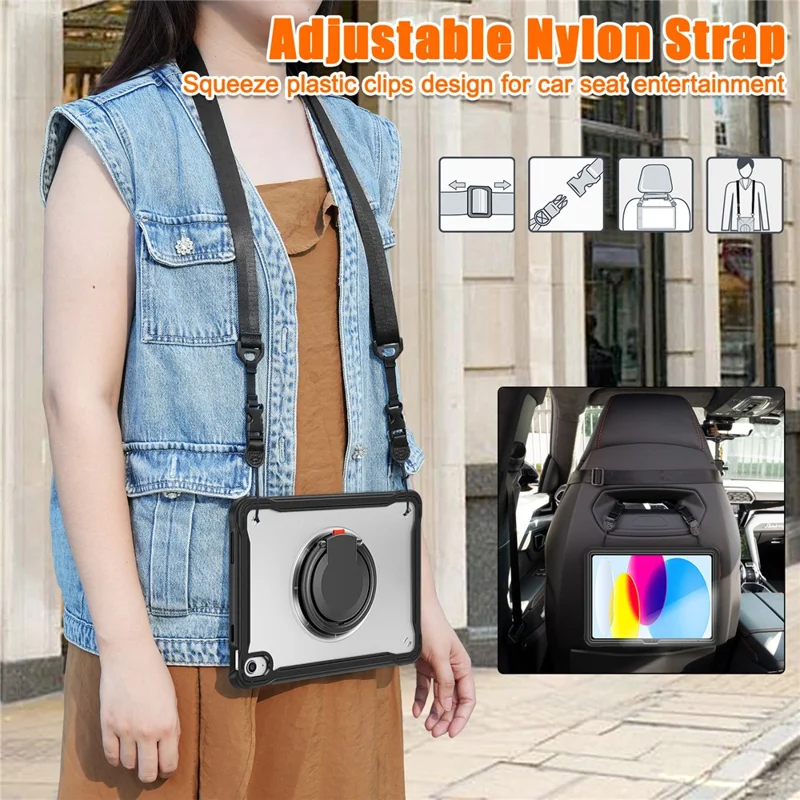 Shockproof Kickstand Case for iPad (2025) / 10.9 (2022) PC+TPU Hand Strap Tablet Cover with Shoulder Strap - Black