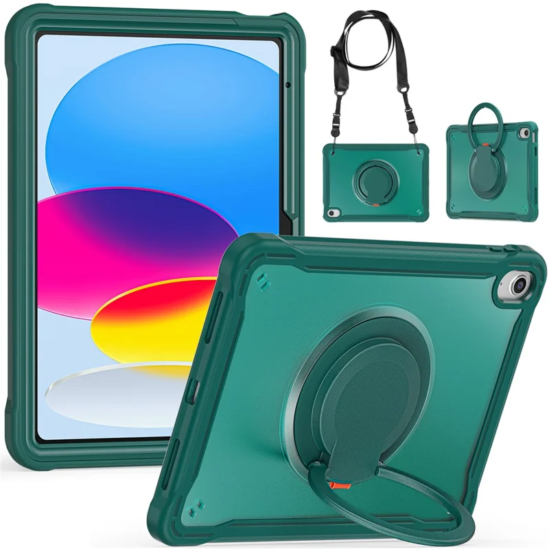 Caso com Suporte de Choque para iPad 10.9 (2022) PC+TPU Alça Manual Capa de Tablet com Alça de Ombro - Verde Meia-Noite