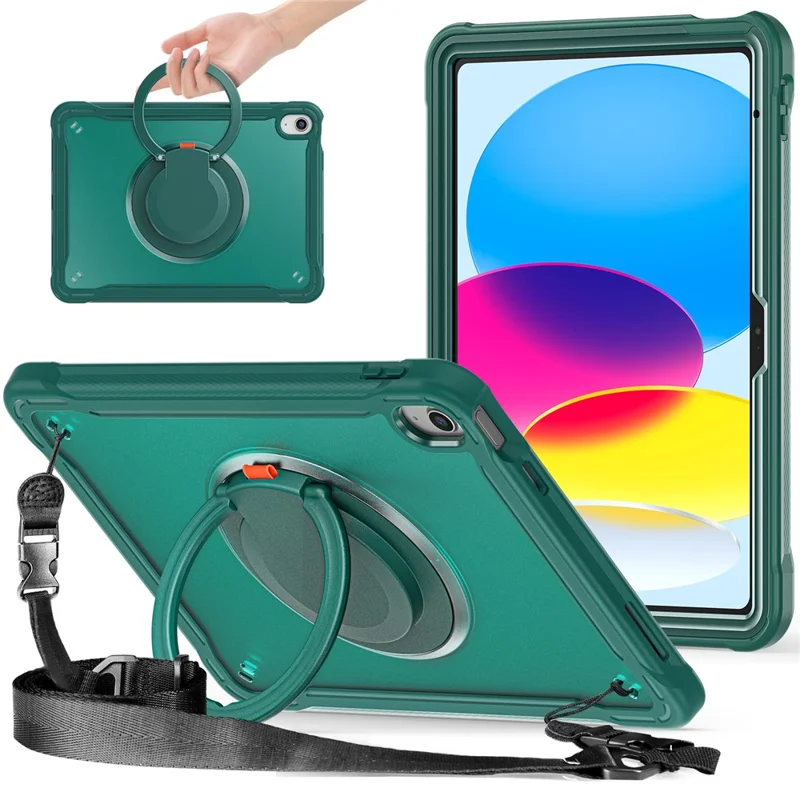 Caso com Suporte de Choque para iPad 10.9 (2022) PC+TPU Alça Manual Capa de Tablet com Alça de Ombro - Verde Meia-Noite