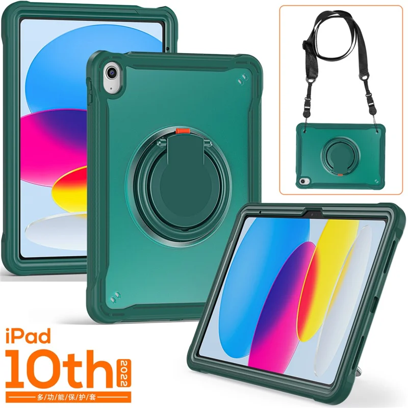 Caso com Suporte de Choque para iPad 10.9 (2022) PC+TPU Alça Manual Capa de Tablet com Alça de Ombro - Verde Meia-Noite