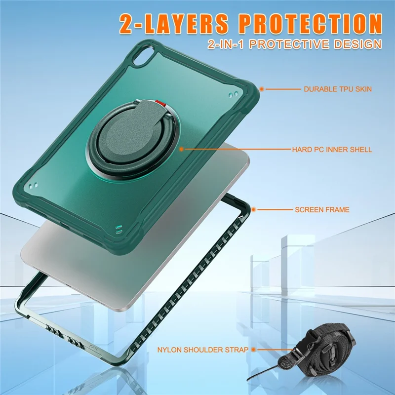 Caso com Suporte de Choque para iPad 10.9 (2022) PC+TPU Alça Manual Capa de Tablet com Alça de Ombro - Verde Meia-Noite