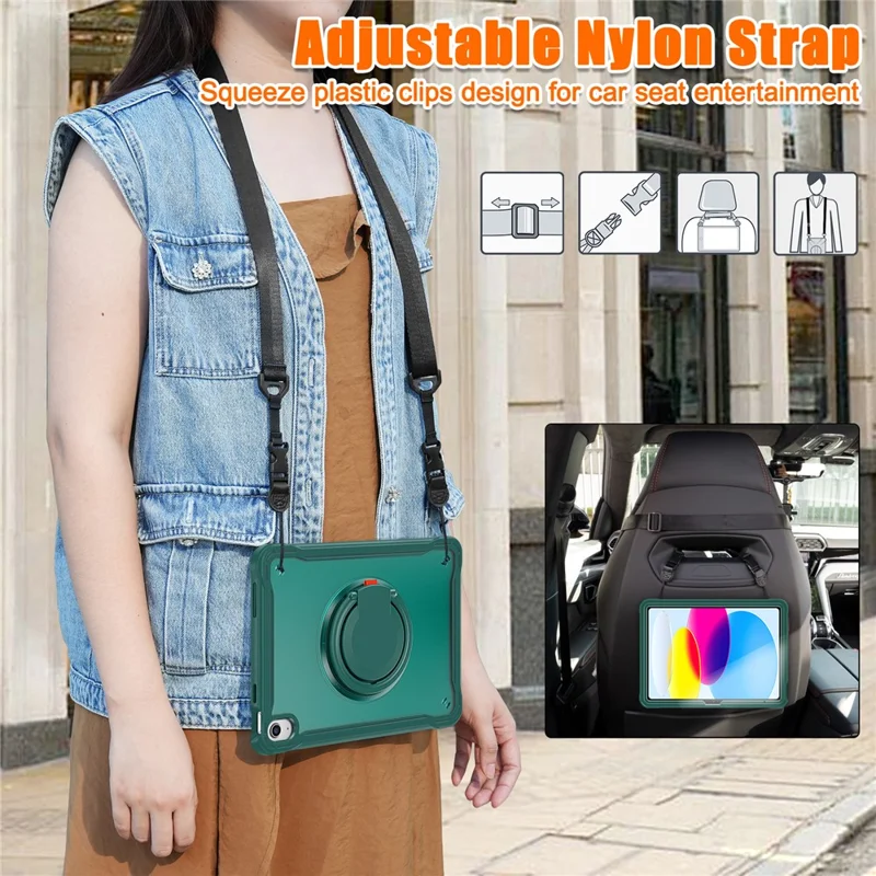 Caso com Suporte de Choque para iPad 10.9 (2022) PC+TPU Alça Manual Capa de Tablet com Alça de Ombro - Verde Meia-Noite