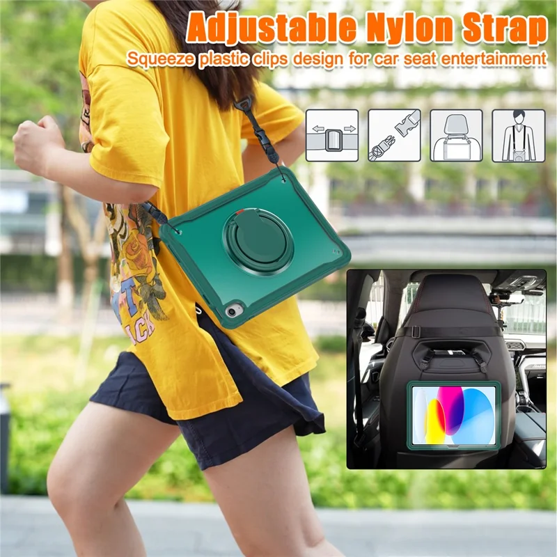 Caso com Suporte de Choque para iPad 10.9 (2022) PC+TPU Alça Manual Capa de Tablet com Alça de Ombro - Verde Meia-Noite