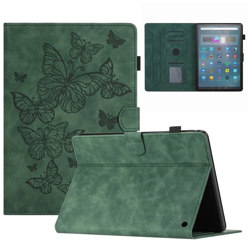 For Amazon Fire Max 11 PU Leather Tablet Case Imprinted Butterfly Auto Sleep / Wake Cover with Card Holder - Green