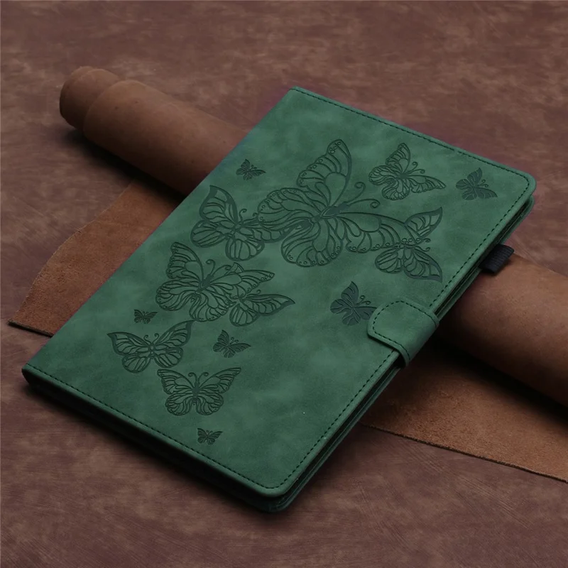 For Amazon Fire Max 11 PU Leather Tablet Case Imprinted Butterfly Auto Sleep / Wake Cover with Card Holder - Green