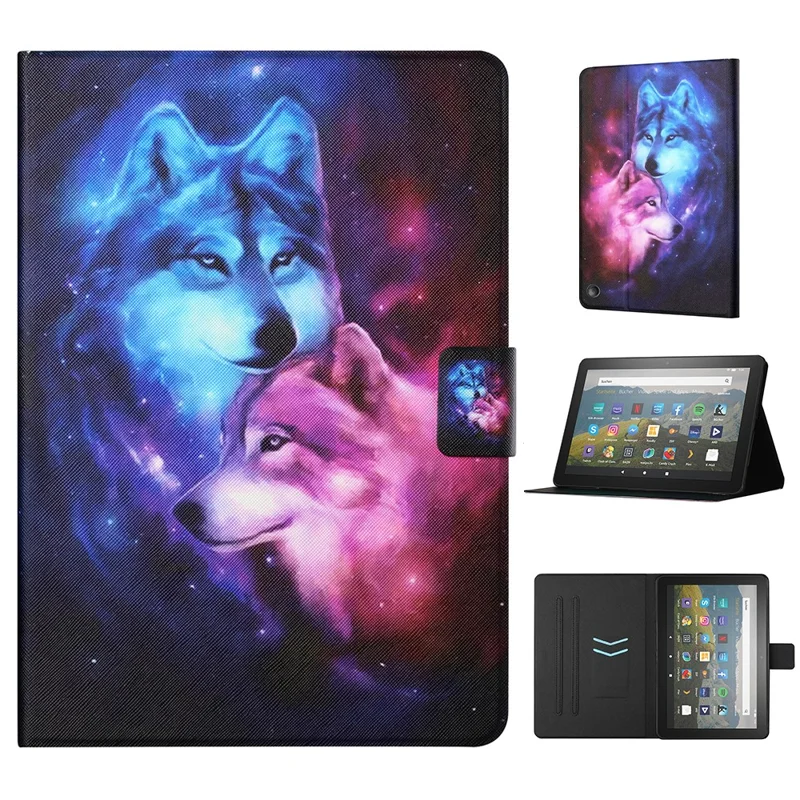 For Amazon Fire Max 11 PU Leather Stand Cover Pattern Printing Auto Wake / Sleep Tablet Case with Card Holder - Wolf