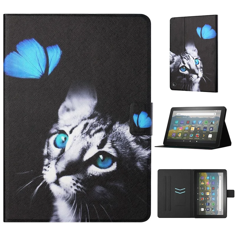 For Amazon Fire Max 11 PU Leather Stand Cover Pattern Printing Auto Wake / Sleep Tablet Case with Card Holder - Butterfly and Cat
