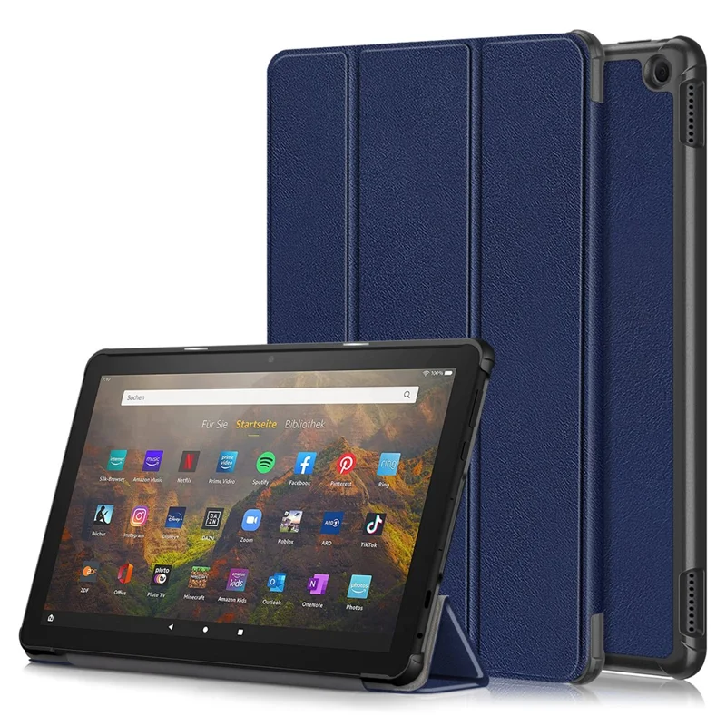Pour Amazon Fire HD 10 (2023) Etui de support à trois volets en cuir PU Réveil / Veille intelligent Étui tablette - Bleu foncé