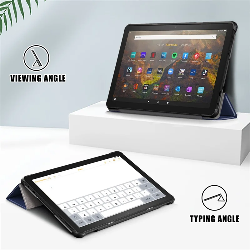 Pour Amazon Fire HD 10 (2023) Etui de support à trois volets en cuir PU Réveil / Veille intelligent Étui tablette - Bleu foncé