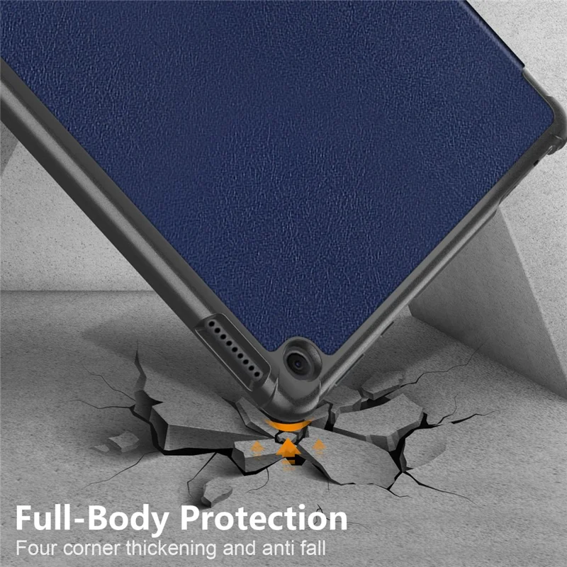 Pour Amazon Fire HD 10 (2023) Etui de support à trois volets en cuir PU Réveil / Veille intelligent Étui tablette - Bleu foncé