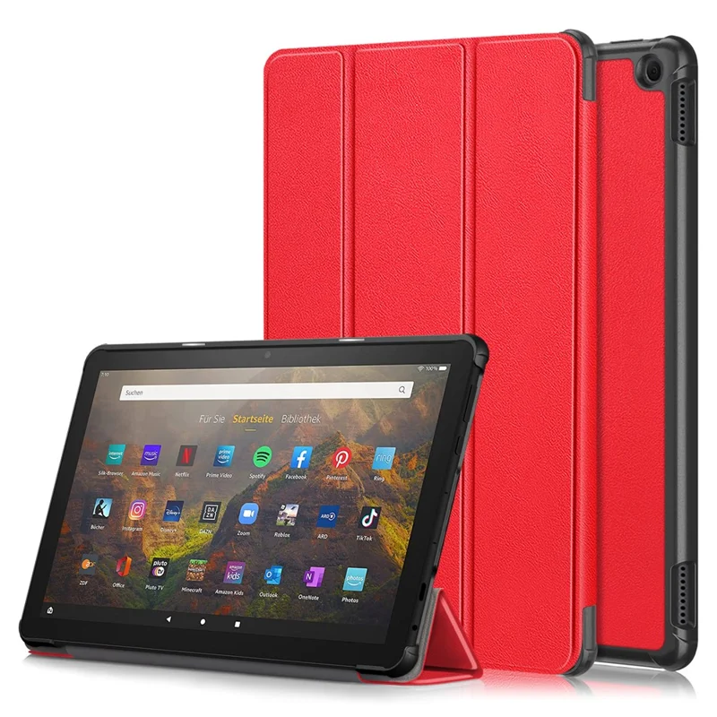 For Amazon Fire HD 10 (2023) Tri-Fold Stand Cover PU Leather Auto Wake / Sleep Smart Tablet Case - Red