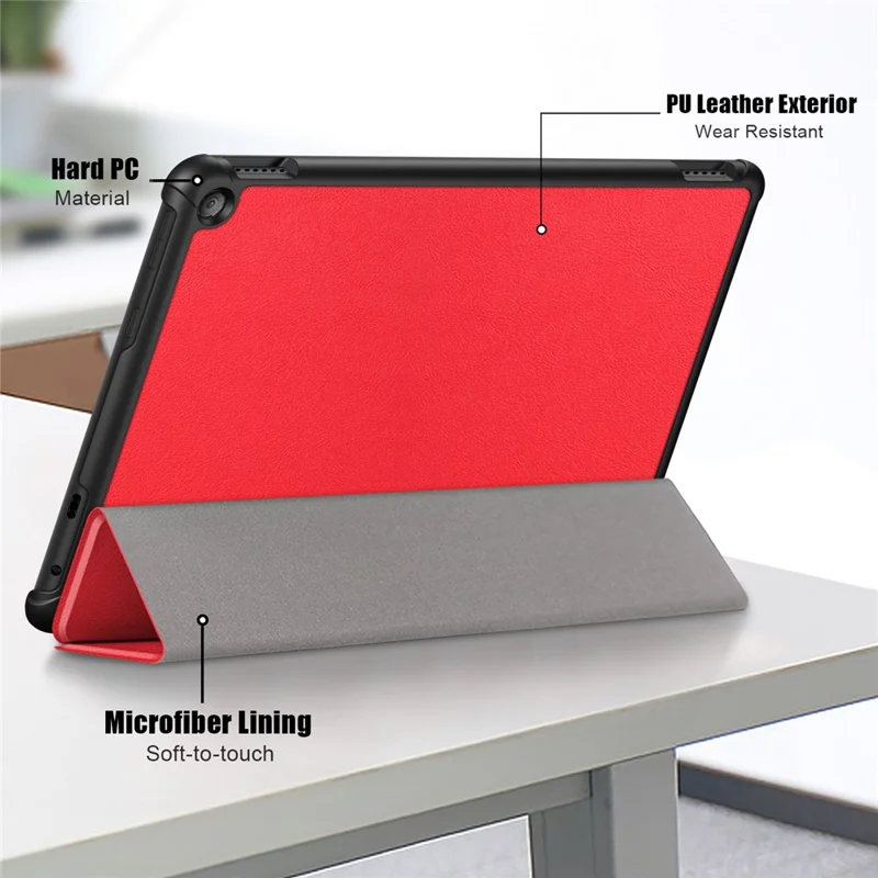 For Amazon Fire HD 10 (2023) Tri-Fold Stand Cover PU Leather Auto Wake / Sleep Smart Tablet Case - Red