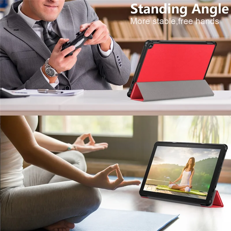 For Amazon Fire HD 10 (2023) Tri-Fold Stand Cover PU Leather Auto Wake / Sleep Smart Tablet Case - Red