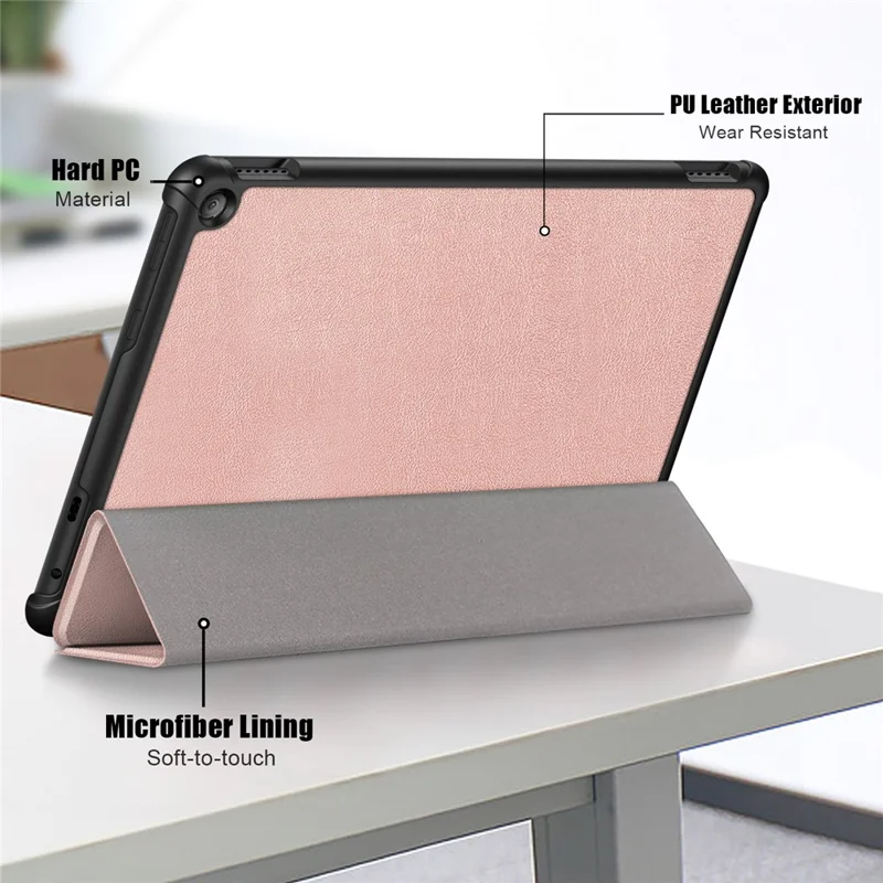 For Amazon Fire HD 10 (2023) Tri-Fold Stand Cover PU Leather Auto Wake / Sleep Smart Tablet Case - Rose Gold