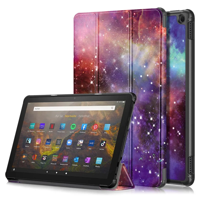 For Amazon Fire HD 10 (2023) PU Leather Tri-fold Stand Case Pattern Printing Auto Wake / Sleep Tablet Cover - Galaxy
