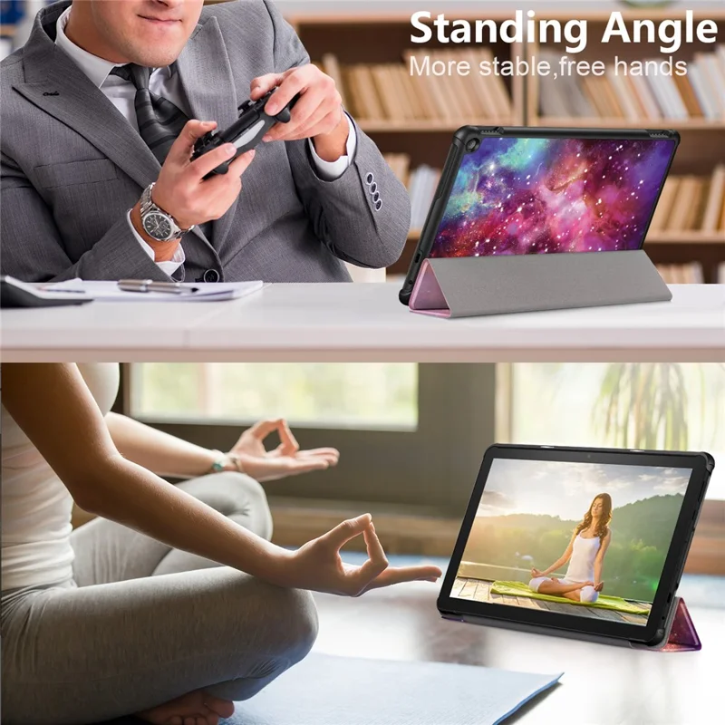 For Amazon Fire HD 10 (2023) PU Leather Tri-fold Stand Case Pattern Printing Auto Wake / Sleep Tablet Cover - Galaxy