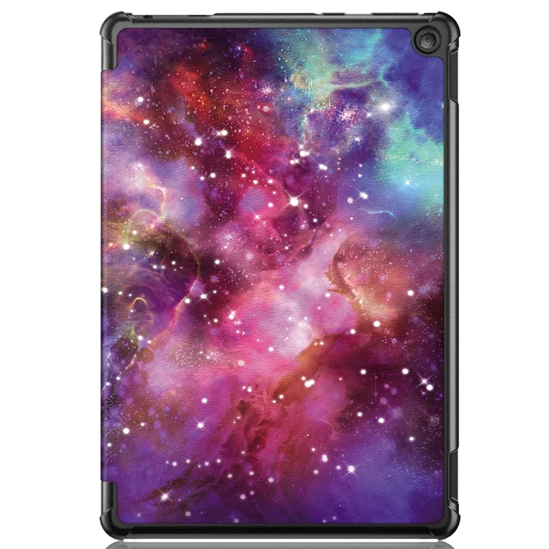 For Amazon Fire HD 10 (2023) PU Leather Tri-fold Stand Case Pattern Printing Auto Wake / Sleep Tablet Cover - Galaxy
