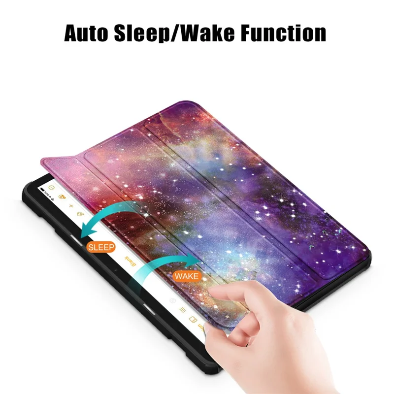 For Amazon Fire HD 10 (2023) PU Leather Tri-fold Stand Case Pattern Printing Auto Wake / Sleep Tablet Cover - Galaxy