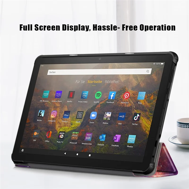 For Amazon Fire HD 10 (2023) PU Leather Tri-fold Stand Case Pattern Printing Auto Wake / Sleep Tablet Cover - Galaxy