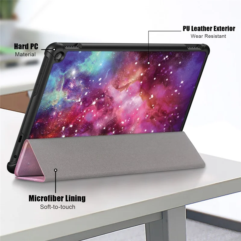 For Amazon Fire HD 10 (2023) PU Leather Tri-fold Stand Case Pattern Printing Auto Wake / Sleep Tablet Cover - Galaxy