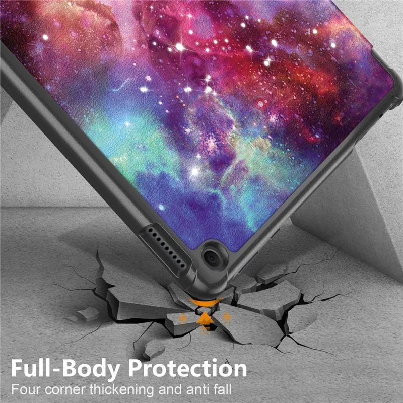 For Amazon Fire HD 10 (2023) PU Leather Tri-fold Stand Case Pattern Printing Auto Wake / Sleep Tablet Cover - Galaxy