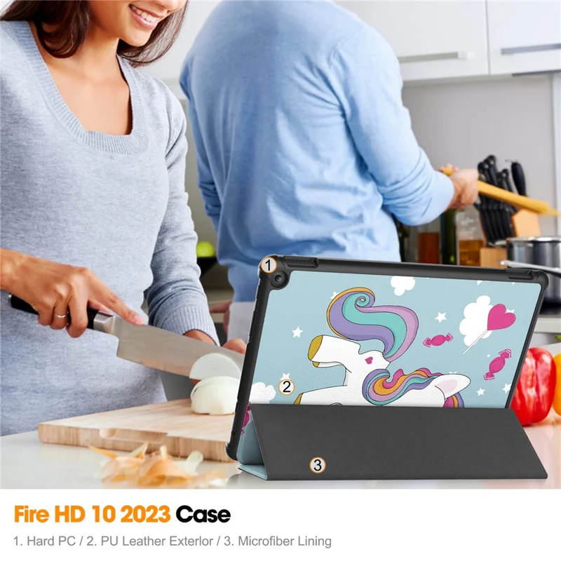 For Amazon Fire HD 10 (2023) PU Leather Tablet Case Tri-fold Stand Pattern Printing Tablet Cover - Horse