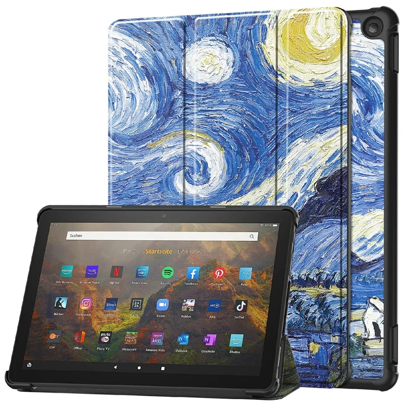 Pour Amazon Fire HD 10 (2023) Étui en cuir PU Tablet Tri-fold Stand Pattern Printing Tablet Cover - Starry Sky