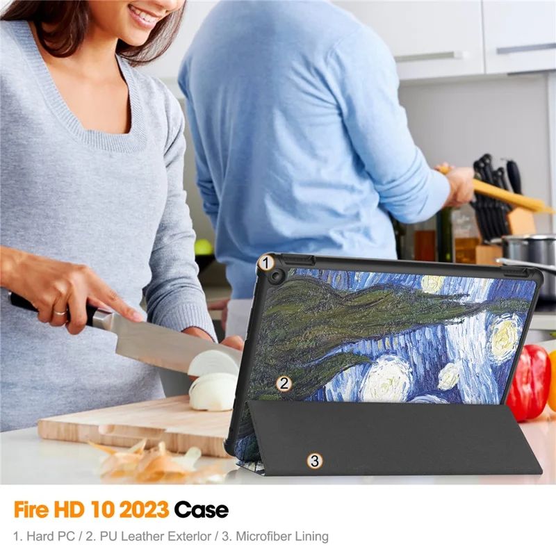 Pour Amazon Fire HD 10 (2023) Étui en cuir PU Tablet Tri-fold Stand Pattern Printing Tablet Cover - Starry Sky
