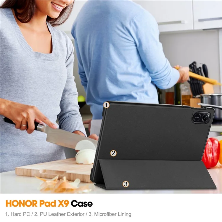 For Honor Pad X8 Pro Tri-Fold Stand Shell  Funda Protectora de Cuero PU con Cierre Automático de Reposo / Desbloqueo Tablet - Negro