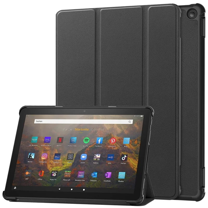 For Amazon Fire HD 10 (2023) Smart Tablet Case Tri-Fold Stand PU Leather Full Body Protective Cover - Black