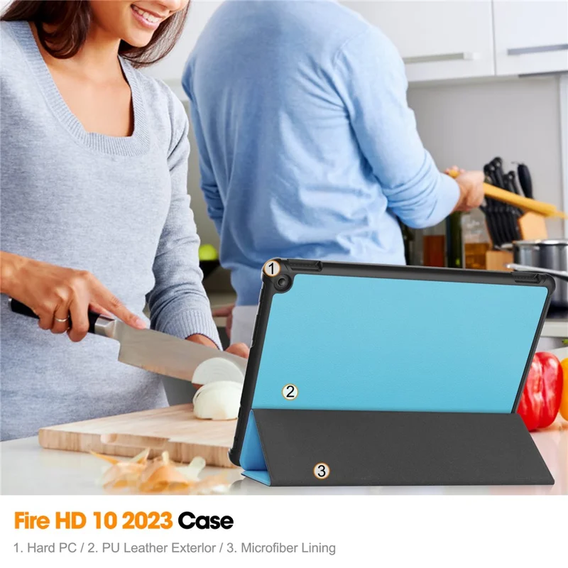 Für Amazon Fire HD 10 (2023) Smart Tablet Hülle Tri-Fold Stand PU Leder Vollkörperschutz - Himmelblau
