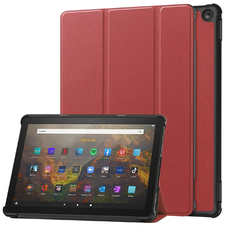 For Amazon Fire HD 10 (2023) Smart Tablet Case Tri-Fold Stand PU Leather Full Body Protective Cover - Wine Red