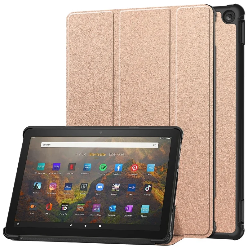 For Amazon Fire HD 10 (2023) Smart Tablet Case Tri-Fold Stand PU Leather Full Body Protective Cover - Rose Gold