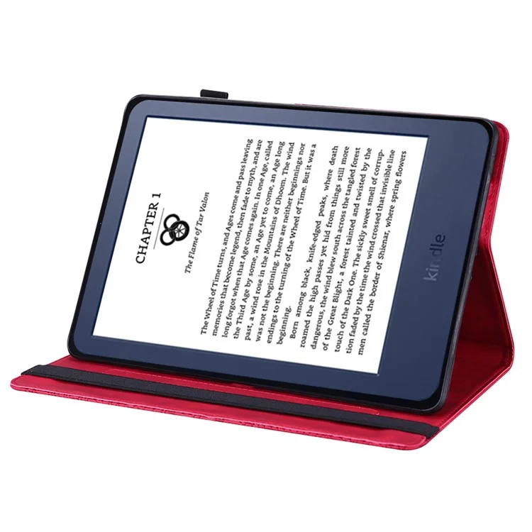 For Amazon Kindle Paperwhite 6 (2022) PU Leather E-Reader Case Pattern Imprinted Card Holder Stand Cover - Red