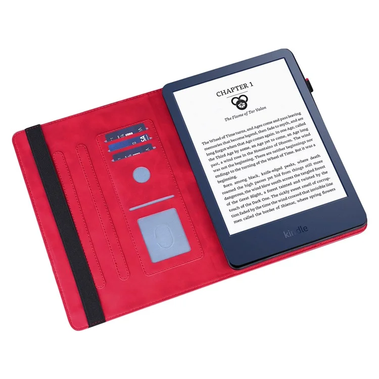 For Amazon Kindle Paperwhite 6 (2022) PU Leather E-Reader Case Pattern Imprinted Card Holder Stand Cover - Red