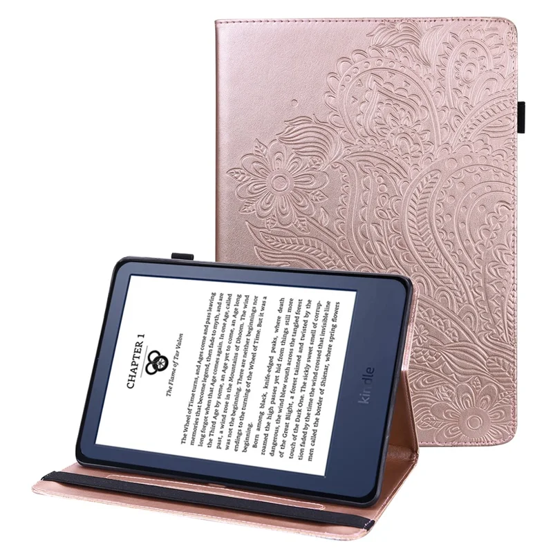 For Amazon Kindle 6 inch (2024) / (2022) PU Leather E-Reader Case Pattern Imprinted Card Holder Stand Cover - Rose Gold