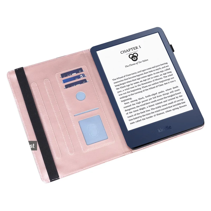 For Amazon Kindle 6 inch (2024) / (2022) PU Leather E-Reader Case Pattern Imprinted Card Holder Stand Cover - Rose Gold
