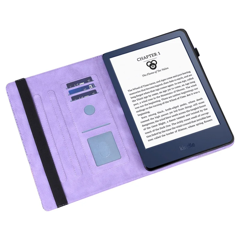 För Amazon Kindle 6 tum (2024) / (2022) PU-läder E-läsarfodral med mönster, kortficka, ställfot - Lila