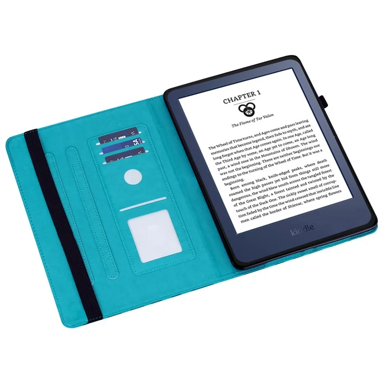 Pour Amazon Kindle Paperwhite 6 (2022) Étui en cuir PU avec motif arbre et cerf, support et porte-cartes - Bleu