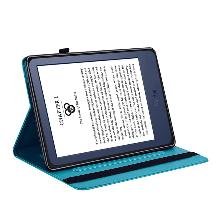 Pour Amazon Kindle Paperwhite 6 (2022) Étui en cuir PU avec motif arbre et cerf, support et porte-cartes - Bleu