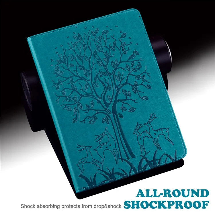 Pour Amazon Kindle Paperwhite 6 (2022) Étui en cuir PU avec motif arbre et cerf, support et porte-cartes - Bleu