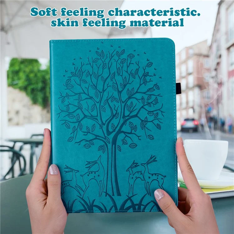 Pour Amazon Kindle Paperwhite 6 (2022) Étui en cuir PU avec motif arbre et cerf, support et porte-cartes - Bleu