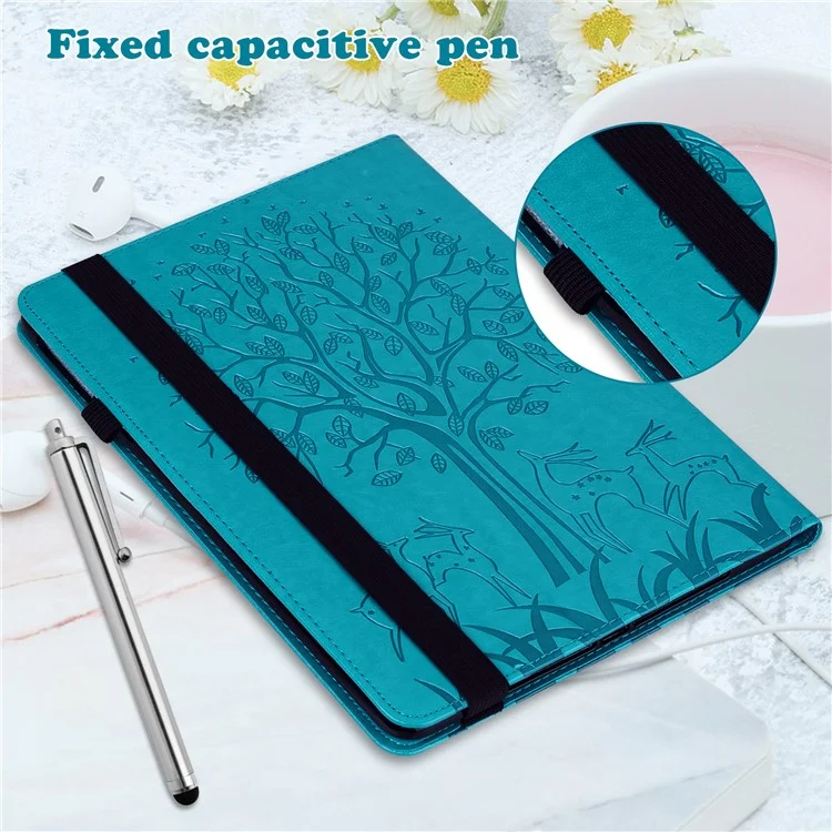 Pour Amazon Kindle Paperwhite 6 (2022) Étui en cuir PU avec motif arbre et cerf, support et porte-cartes - Bleu