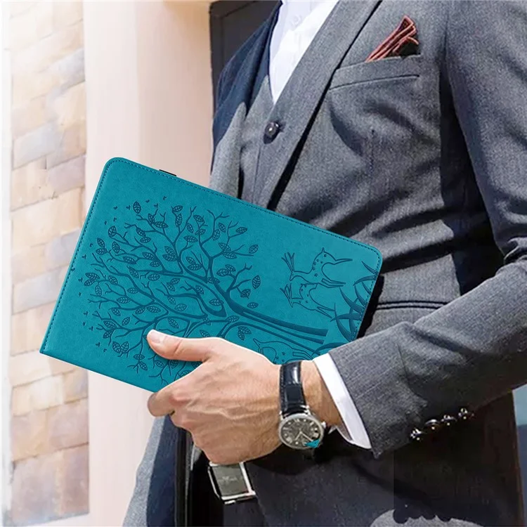 Pour Amazon Kindle Paperwhite 6 (2022) Étui en cuir PU avec motif arbre et cerf, support et porte-cartes - Bleu